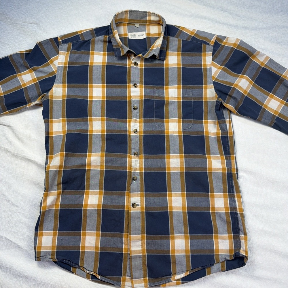 Frank & Oak Mens Plaid Button Down Shirt Navy Yellow Cotton Size M Long Sleeve
